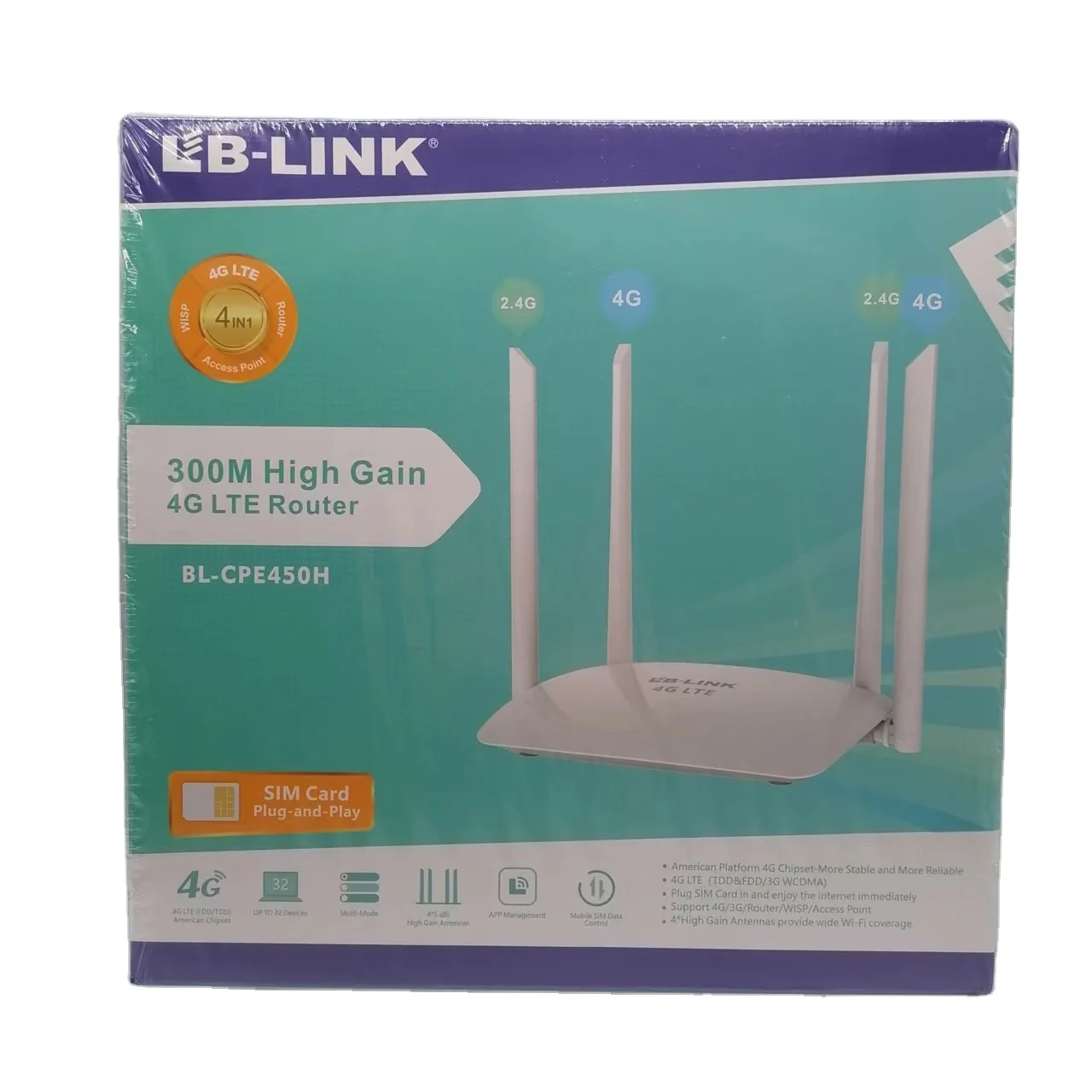 LB LINK Wireless Wifi Modem Router 300mbps LB-LINK BL-CPE450H 300Mbps with 4 Antennas 4G LTE router with sim card