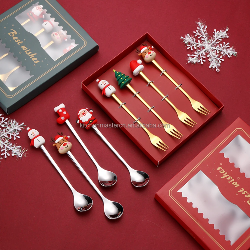 Factory Cheap Christmas 6 PCS Spoon Fork Stainless Steel Cutlery Set Dessert Coffee Tea Spoon Fork Set Gold Silver Flatware