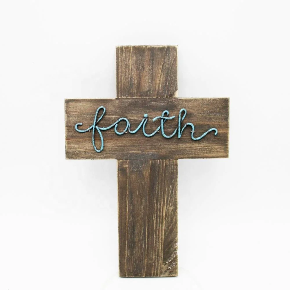 
2019 Wholesale Handmade Rustic Religious Wood Cross Crafts with Sign Metal Wire Faith for Novelty Gifts Home Decoration 