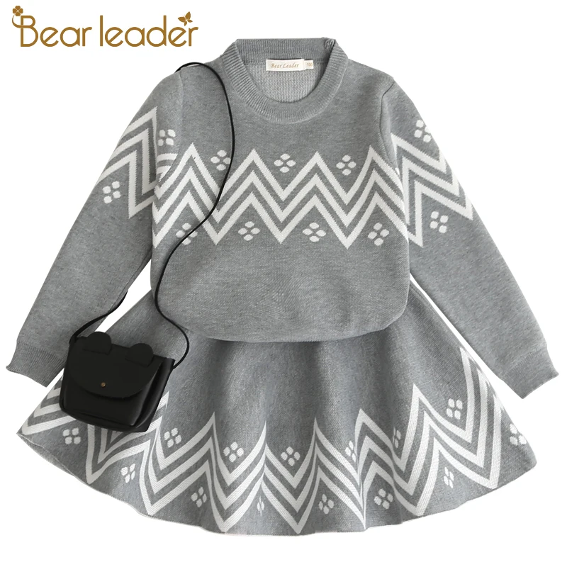 Bear Leader Girls Dress 2019 Winter Geometric Pattern Dress Long Sleeve Girls Clothes Top Coat+ Tutu Dress Sweater Knitwear 2pcs