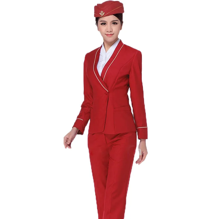 Wholesale New Stylish Red Flight Attendant Uniforms Suits  Airline Clothes Stewardess Uniforms