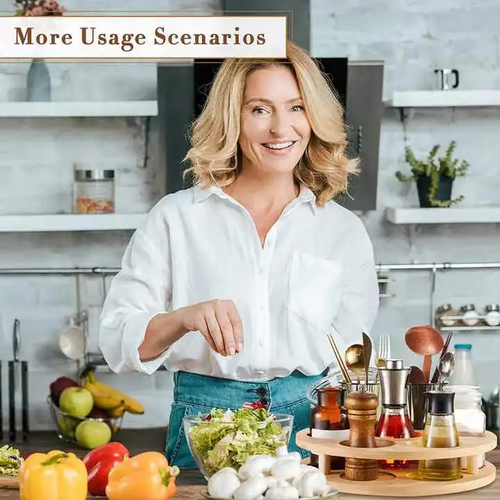 Bamboo Rotating Spice Rack Countertop 7 Bottles Organizer Holder Bamboo Lazy Susan Rack Organizer Shelf for Kitchen Spice Holder