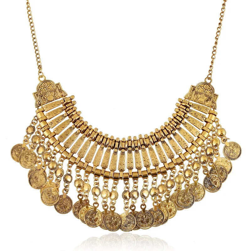 Vintage Necklace Wholesale Gypsy Ethnic Style Antique Gold Alloy Carved Coin Tassel Statement Necklace For Women