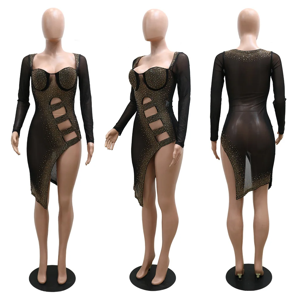 European and American summer sexy hot diamond see-through bag hip irregular dress women