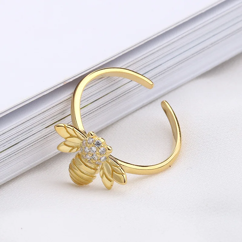  Hot sale cute 18k gold plated 925 sterling silver animal bee open rings for