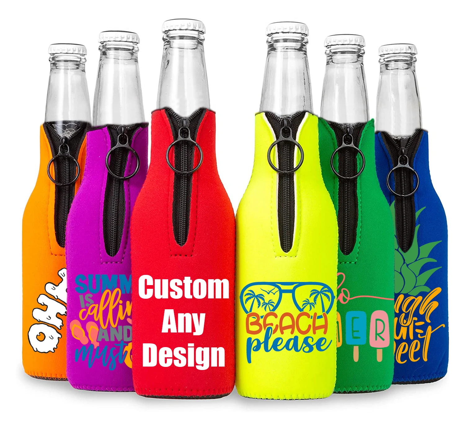 Custom Logo Design 330ML Waterproof Neoprene Beer Bottle Cooler Sleeve Insulator with Zipper