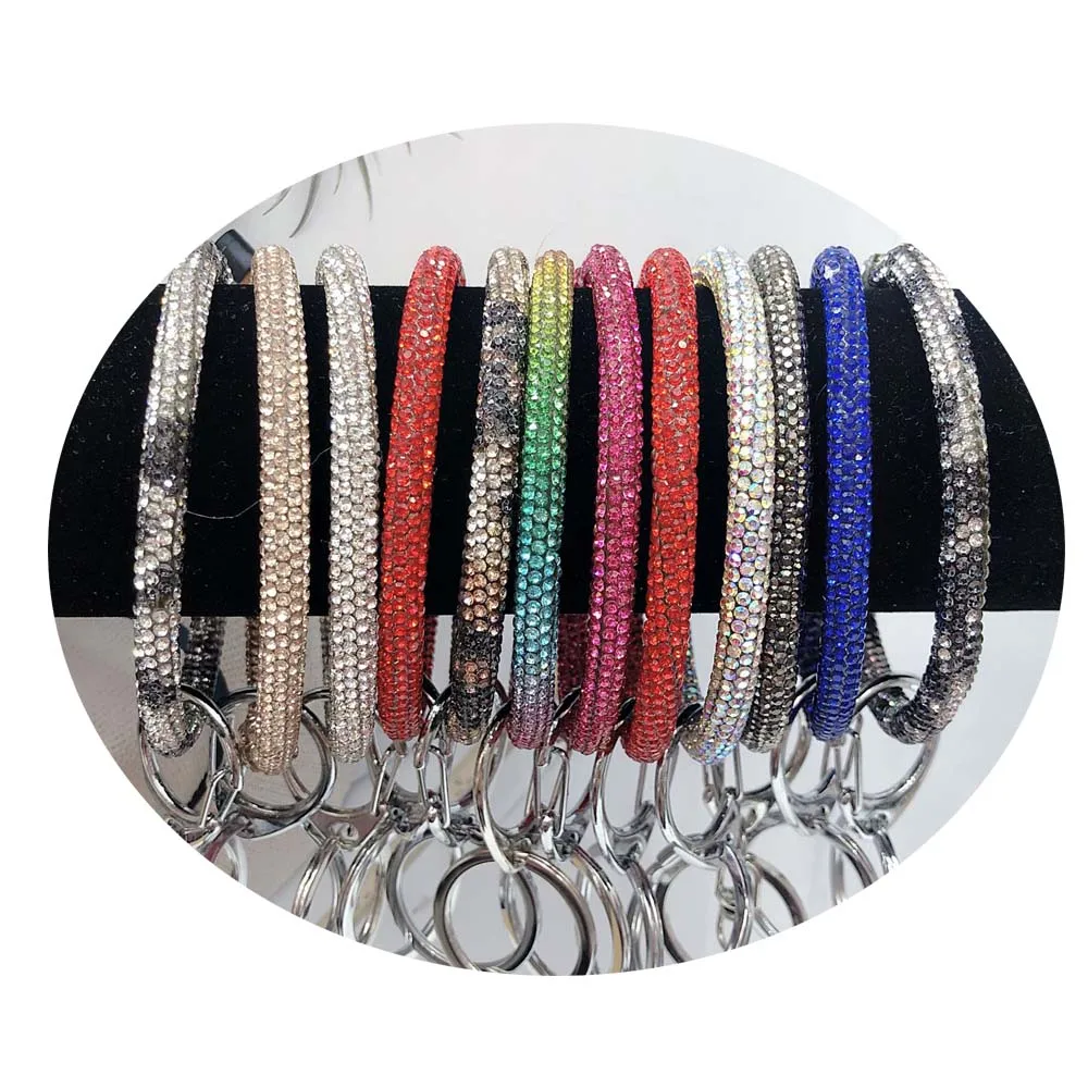 New Latest Bling Colorful Rhinestone Wristlet Keychain Bangle Key Ring Holder Rainbow Crystal Bracelet Keychain for Sports