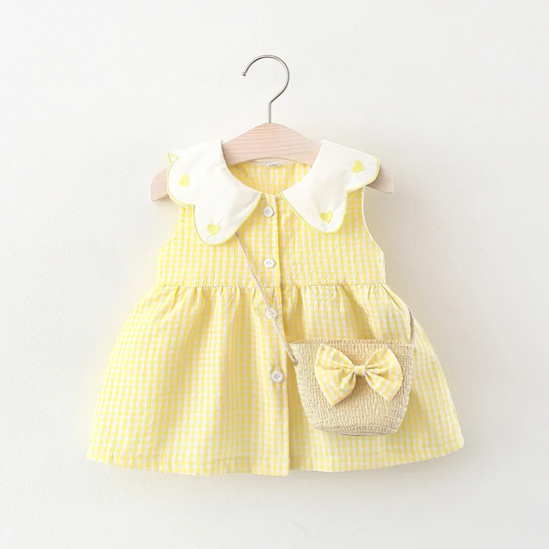 Summer Lattice Girls Clothing Sets Embroidery Baby Girl Dresses Cute Floral Skirt Girl Baby Dress Belt Bag