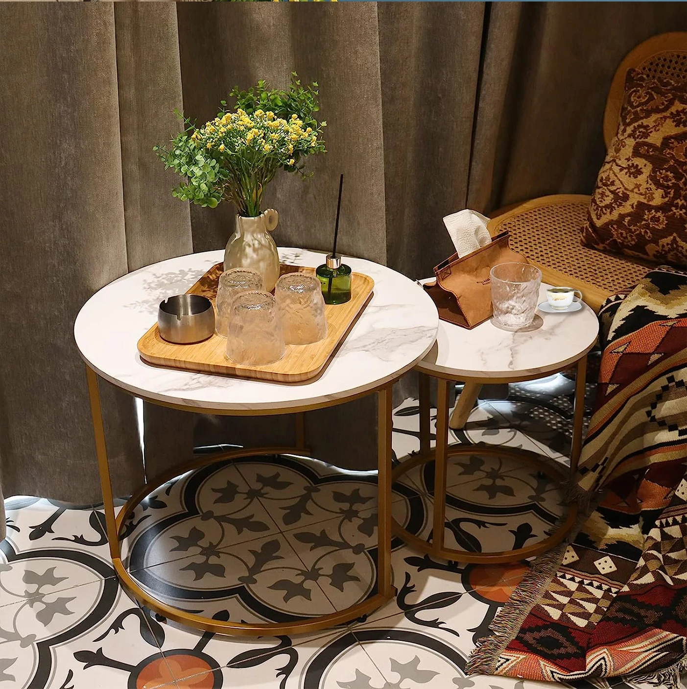 Wholesale Set Center Round Nesting Black Gold Metal Side Glass Marble Wooden Tea Coffee Table For Home