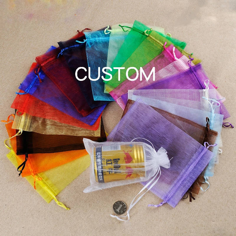 24 colors Custom size Logo Drawstring Gift Pouch Jewelry Mesh Packaging Organza Bag