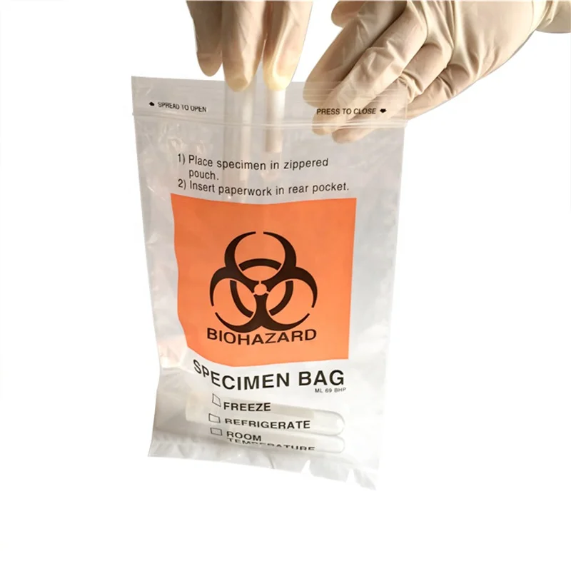 Medical ziplock kangaroo pouch plastic zipper bag zip lock lab transport biohazard specimen bags with pocket