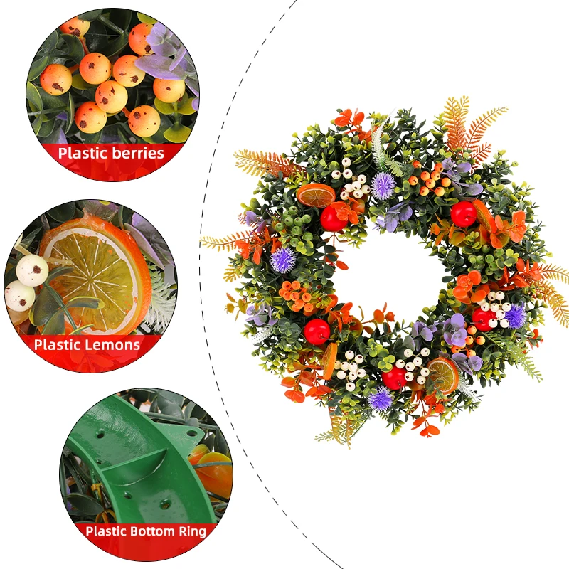 Unique 17.7-inch artificial flower wreath with fruit decorated farmhouse out door decoration, kitchen wall hanging