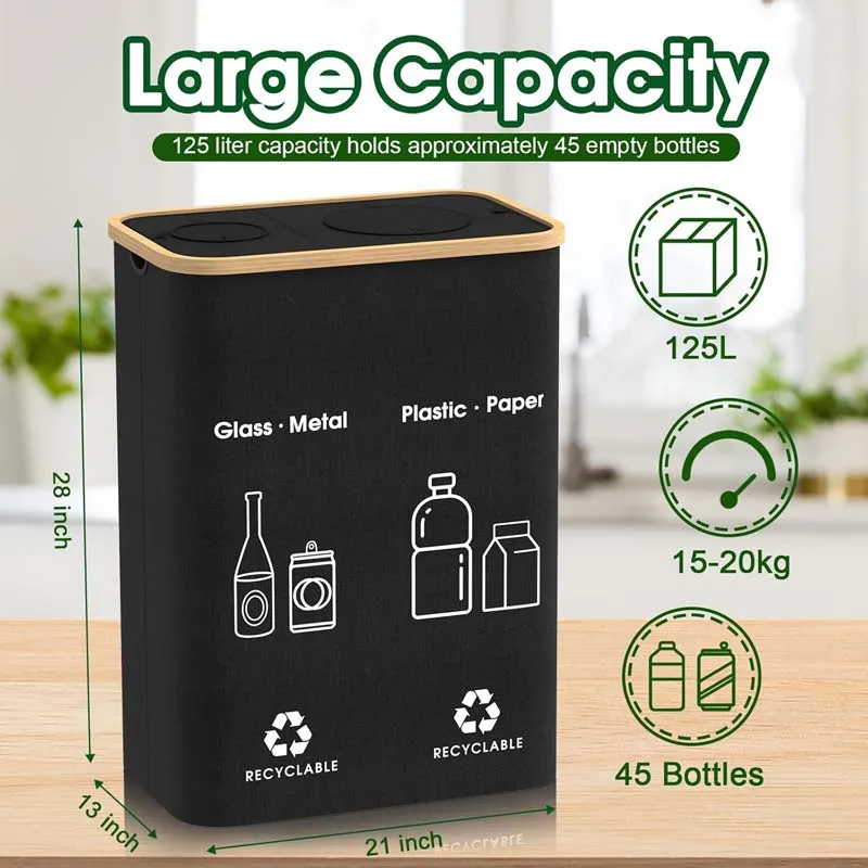 33 Gallon 125L Large Double Recycle Bin Indoor with Lid Removable Reusable Inner Bag Collecting Bottles Can Glass Waste bin