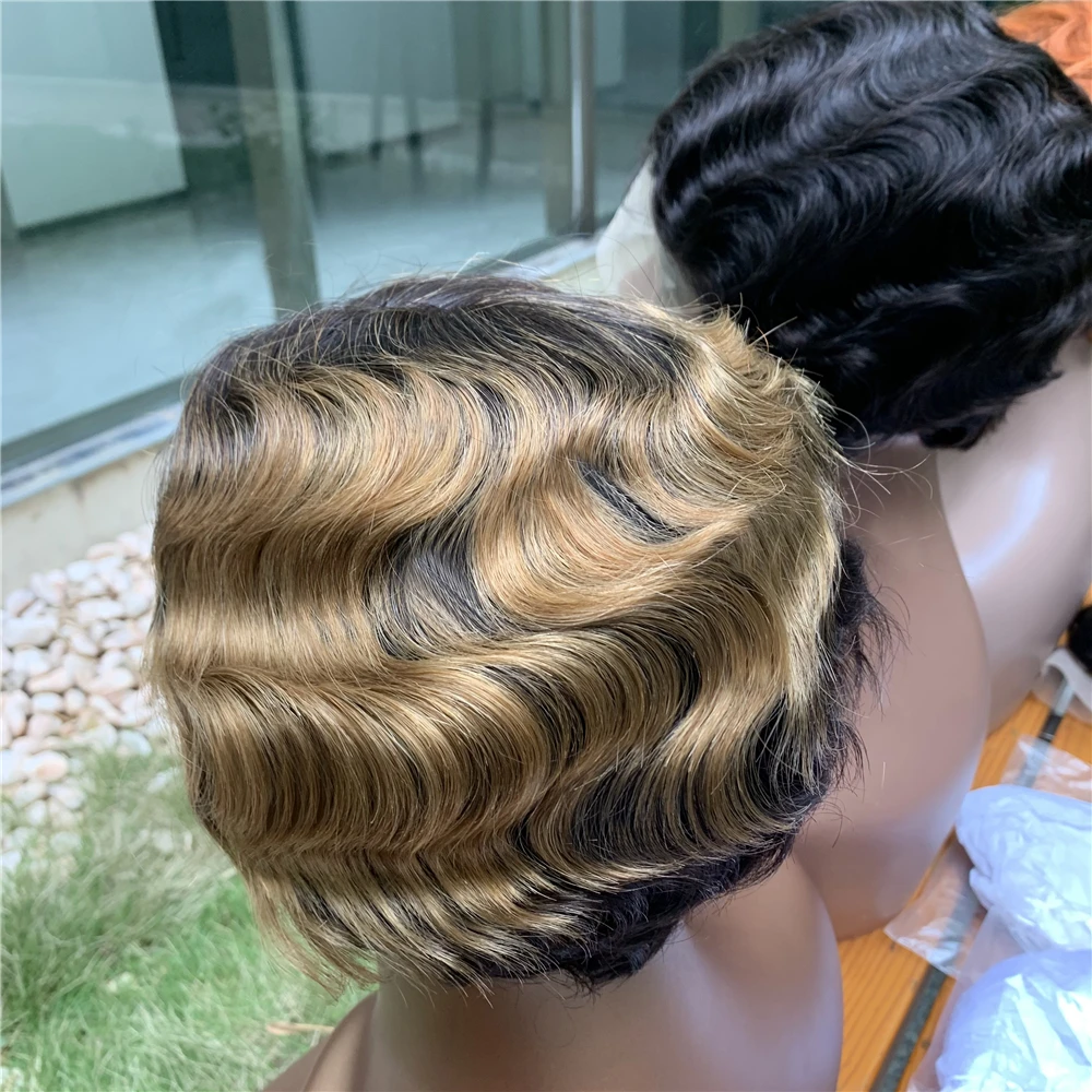 GS Hair Short Lace Human Hair Wigs For Women , Brazilian Finger Wave Wig Remy Human Hair Pixie Cut Lace Wigs