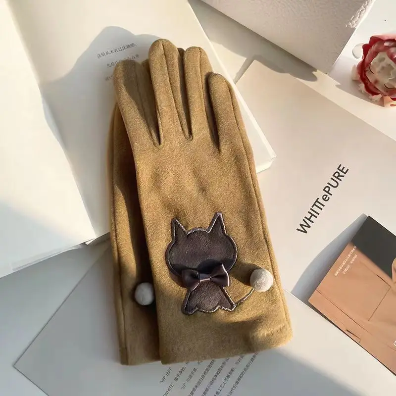 Fall Winter Ladies Faux Suede Glove with Cat Applique Embroidery and Bow Trim