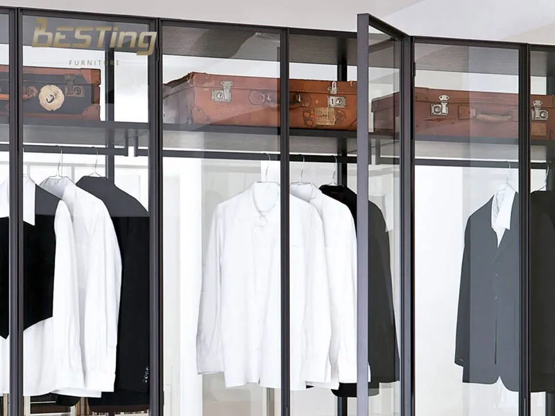 King size bedroom set with white tempered glass wall shelving system air dressing Wardrobe cabinet