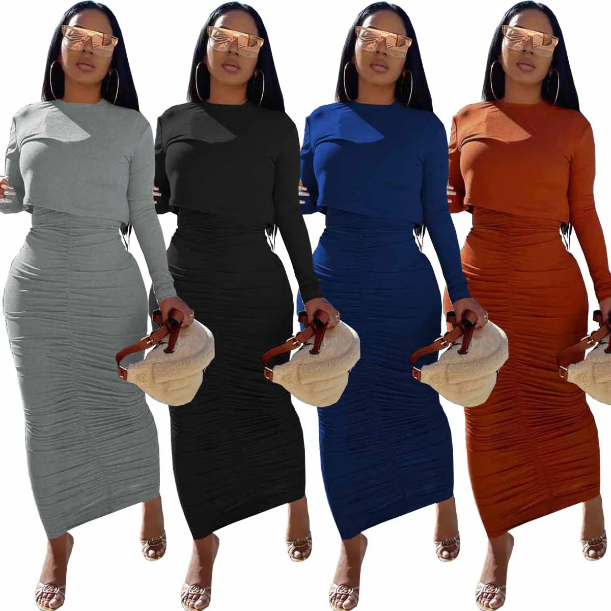 Fall Fashion Clothing Long Sleeve Women 2 Piece Pc Crop Top Maxi Pencil Ruched Skirt Sets Womens Two Piece Skirts Set Outfits