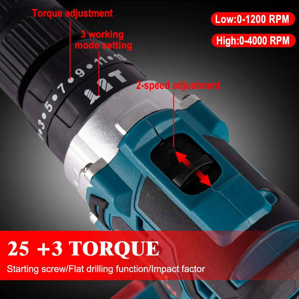 25+3 Torque Brushless Electric Hammer Cordless Impact Drill Electric Screwdriver 3 in 1 13mm No Battery DIY 18V Brushless Motor