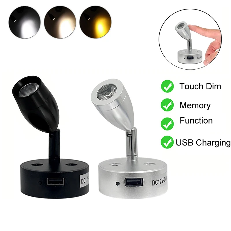 12V-24V USB Interior LED Spot Reading Light RV Boat Camper Bedside Dimmable Lamp