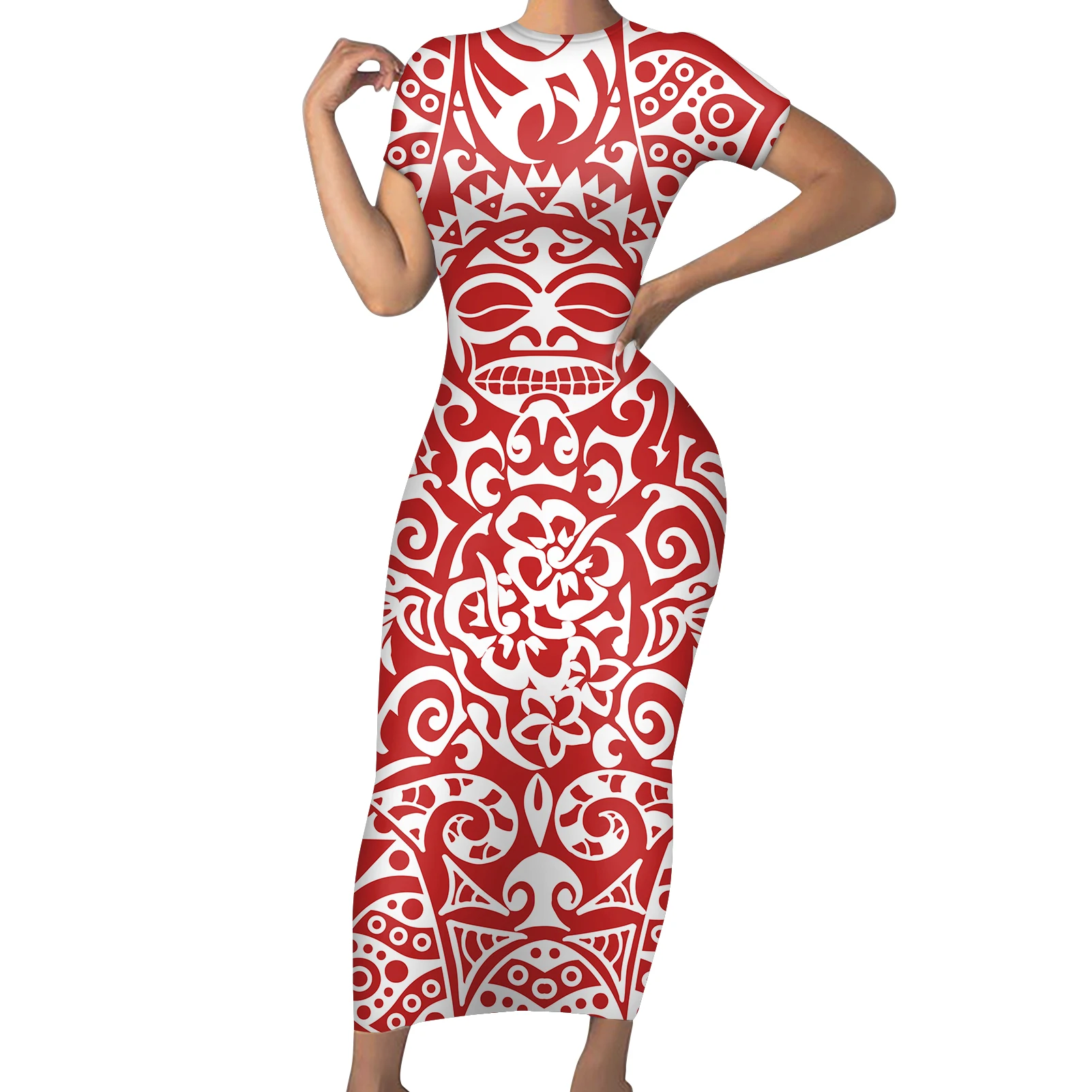 
Simple Design Red And White Tribal Polynesian Flower Printing Fabric Long Fitted Dresses For Lady Sexy Night Dress Bodycon Shirt 