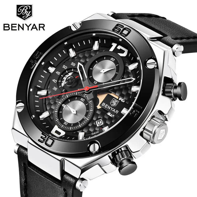 BENYAR Man Sport WristWatch Waterproof Chronograph Business Men Watch Military Top Brand Luxury Genuine Leather Male Clock 5151