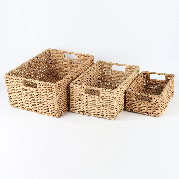 Rectangle storage basket set of 3 recycled paper rope basket hand woven basket for home organization