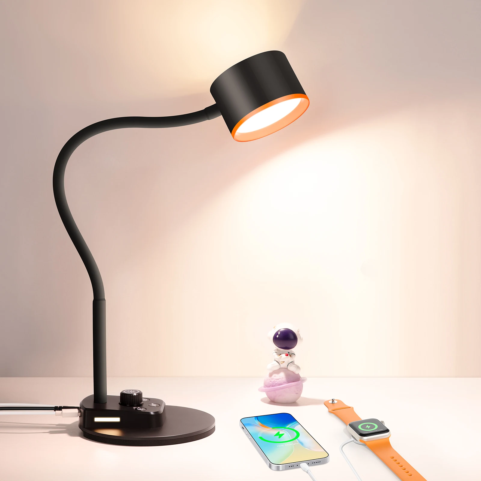 Modern LED Desk Lamp USB Charging Port Intelligent Auto Dimming Task Lamp Flexible Gooseneck Black Shade Bedside Office AC DC
