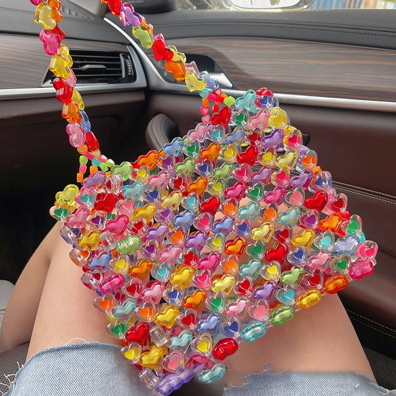 Summer ladies love fairy hand-woven silicone PVC handbag shoulder diy material underarm purse jelly heart shape beaded beach bag