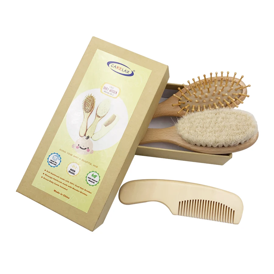 
Goat baby hair brush Bristles newborn brush hair baby wooden hair brush and comb set 