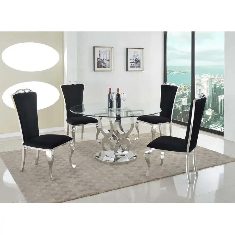 
Simple Design Round Metal Stainless Steel Tempered Glass Top Dine Table 1+4 Chairs Sets For Dinning Room 