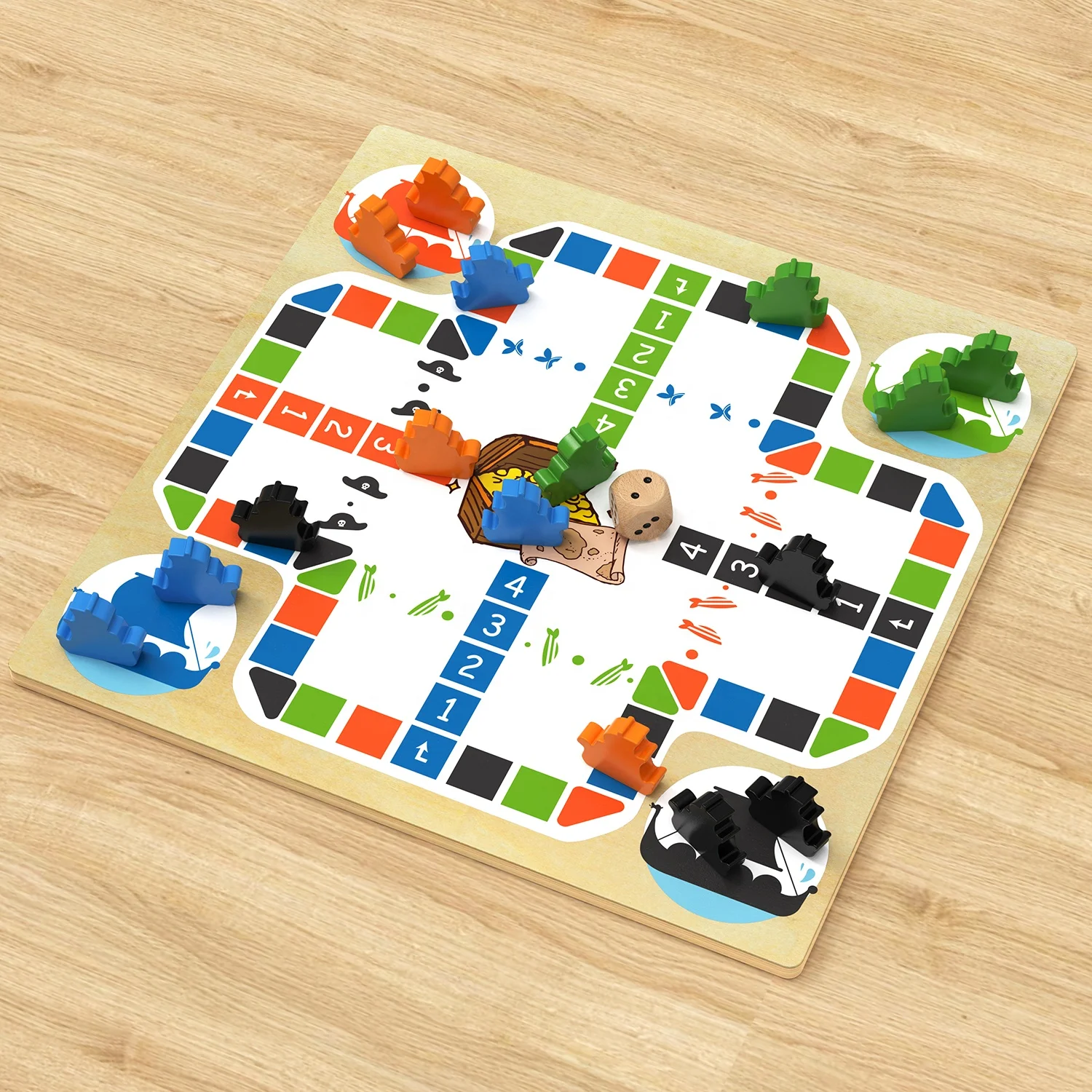 Montessori Kids Educational 2 In 1 Wooden Chess Board Game Sets Popular Pirate Ludo Chess Game And Goose Chess Sets