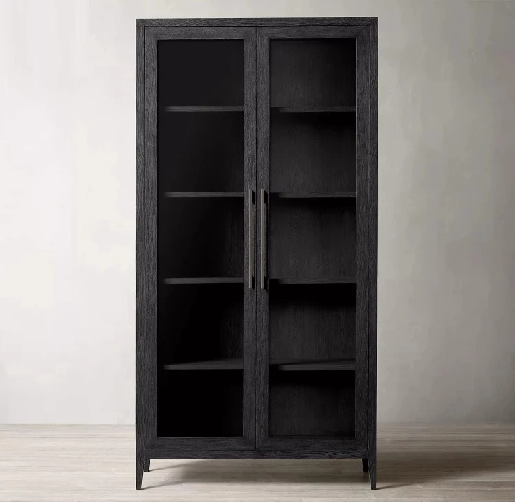 RH American Solid Wood Bookcase Living Room French Glass Door Display Cabinet Oak Retro Wall Locker Floor Cabinet Custom