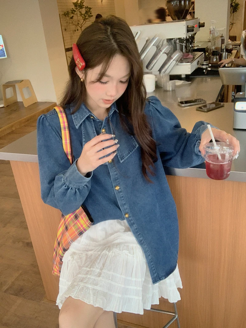 Autumn Winter Denim Women Shirts Bows Sweet Solid Korean Fashion Basics Blouses Elegant Casual Loose Blouse Mujer