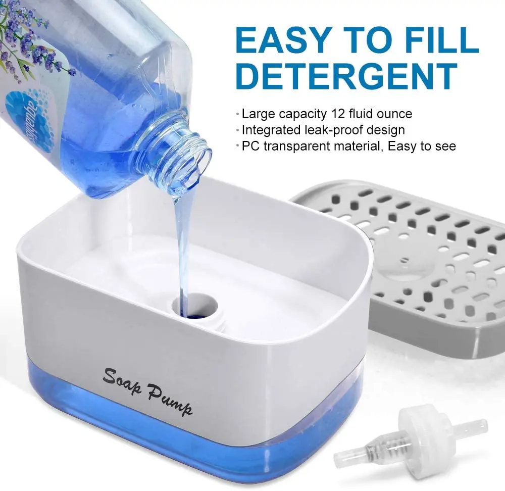 2-in-1 Sponge Rack Soap Dispenser Sponge Caddy Soap Pump Dispenser, Dish Soap Dispenser for Kitchen