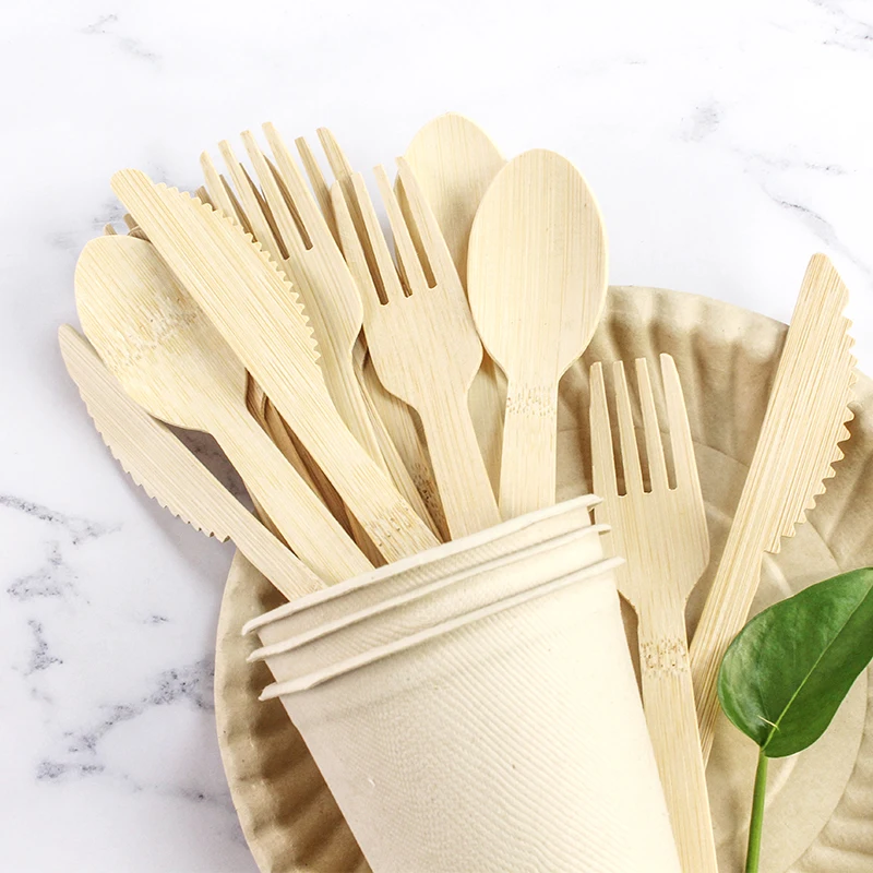 Picnic use 100 pcs pack eco friendly 100% disposable bamboo cutlery with custom box