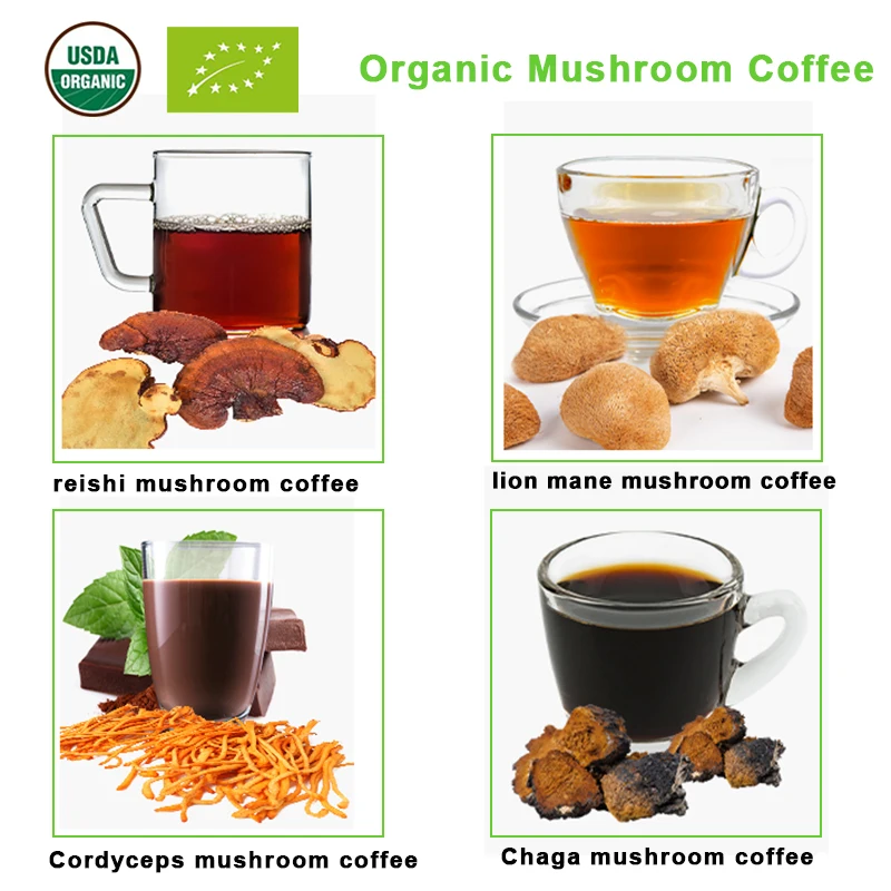 ODM OEM Organic Mushroom Extract Powder Blend coffee Lions Mane cordyceps reishi chaga Mushroom Coffee