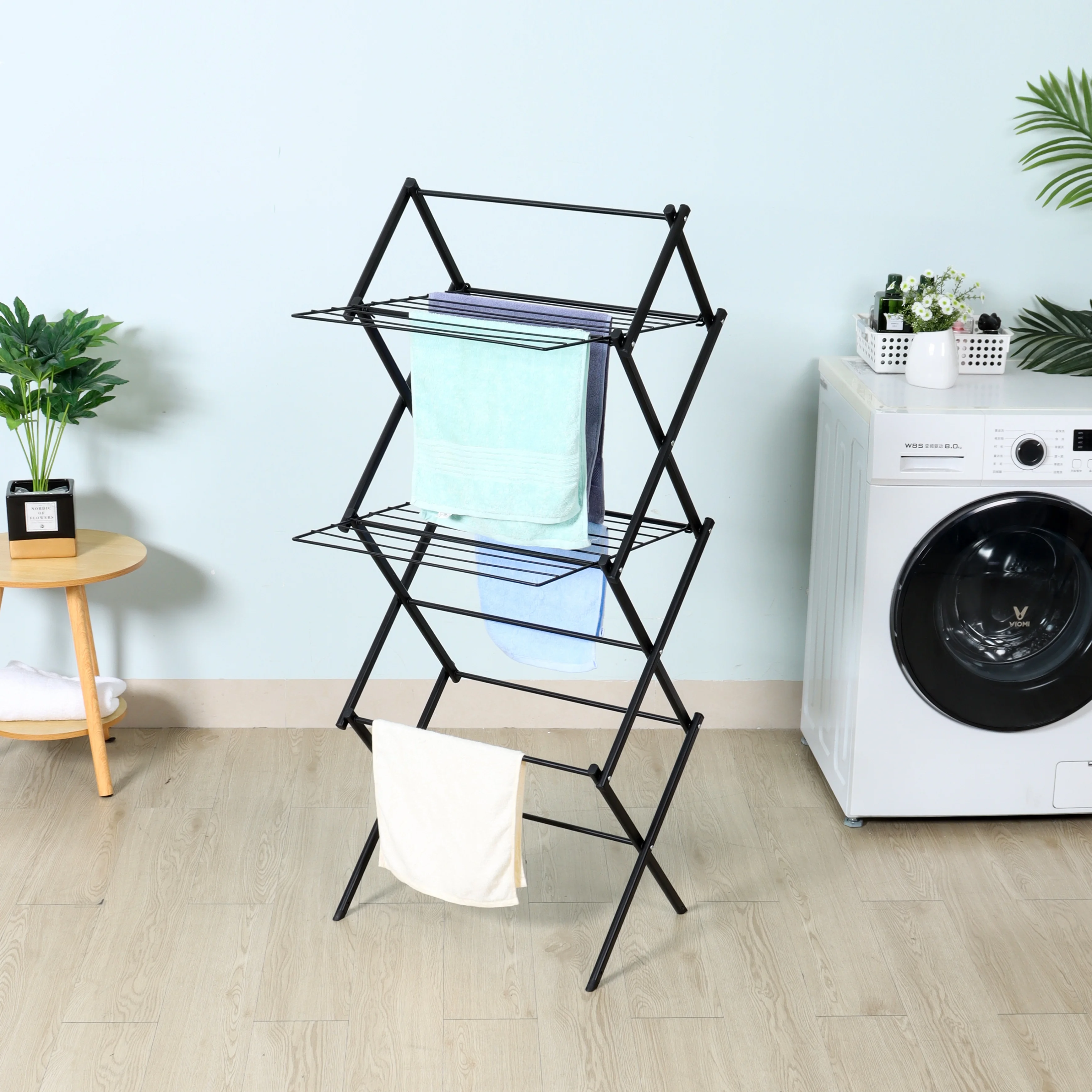 2023 Wireking Home Used 3 Tier 12m Folding Clothes Dryer Airer Black Powder Coating Mini Clothes Drying Rack