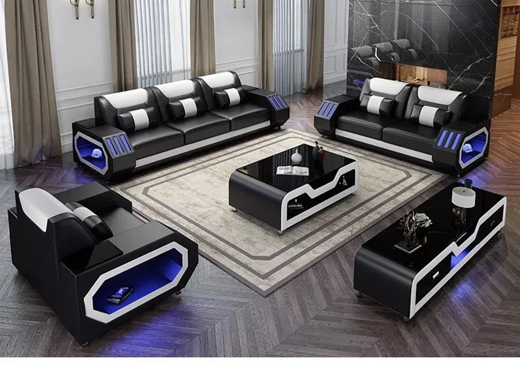 Modern Living Room Sofa Set Genuine Leather Sofas with USB Music Speaker