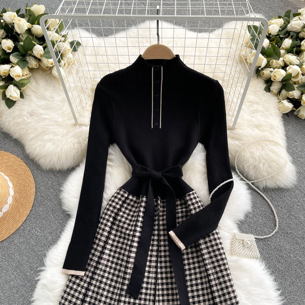 Custom autumn winter long sleeve knit slim collar long French plaid skirt knitted one piece dress