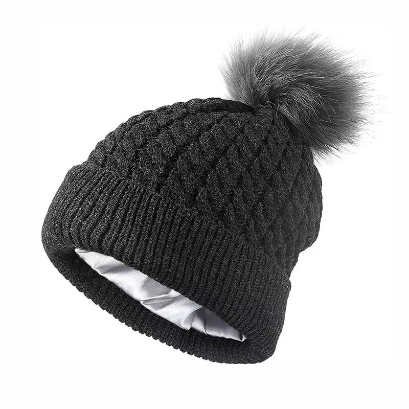 Thickened High Elasticity Satin Lined Women Knitted Cuff Beanie Acrylic PomPom Knitted Autumn Winter Stripe Beanie Hat