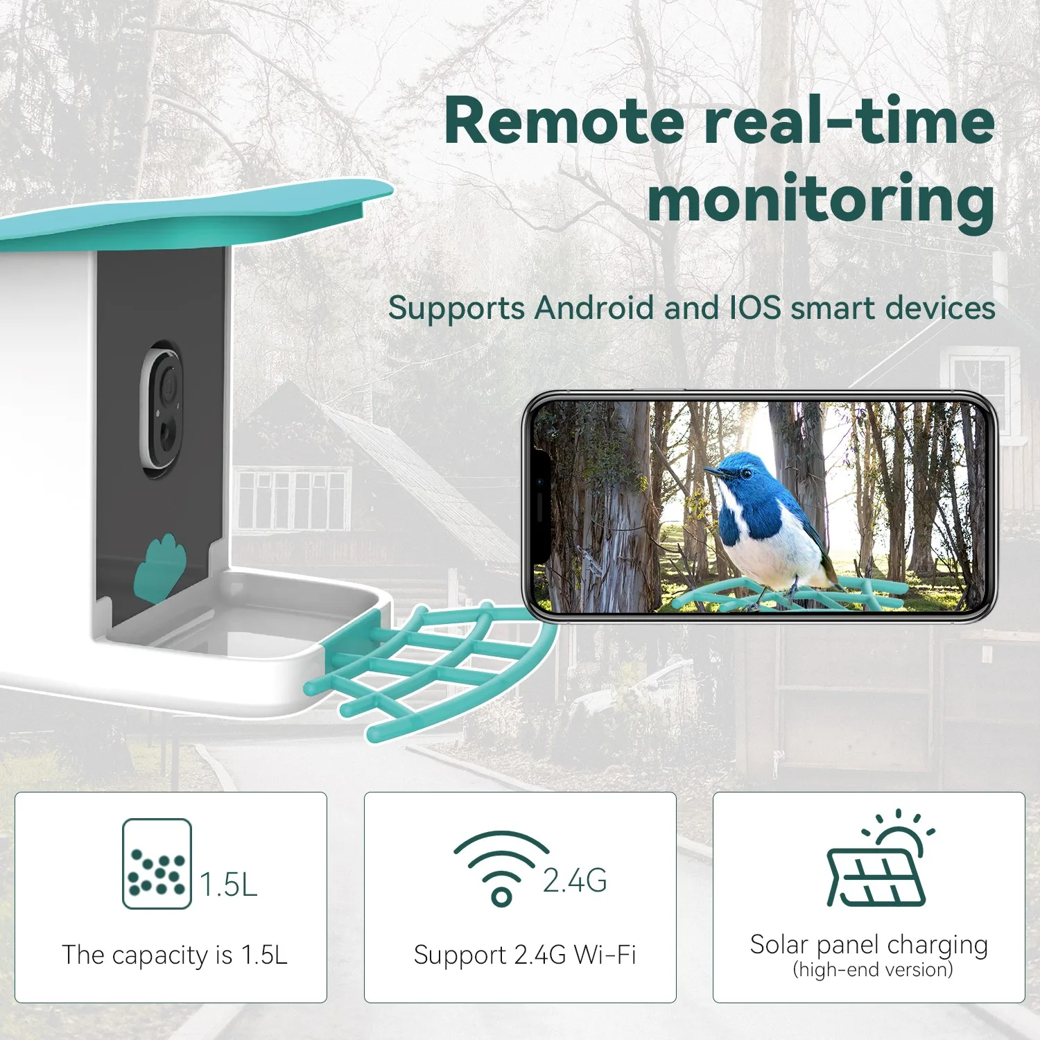 IP65 SOC Outdoor Wildlife Bird Feeder AI Recognition Bird Species Smart Bird Feeder Plastic Bowls Automatic Feeders & Waterers