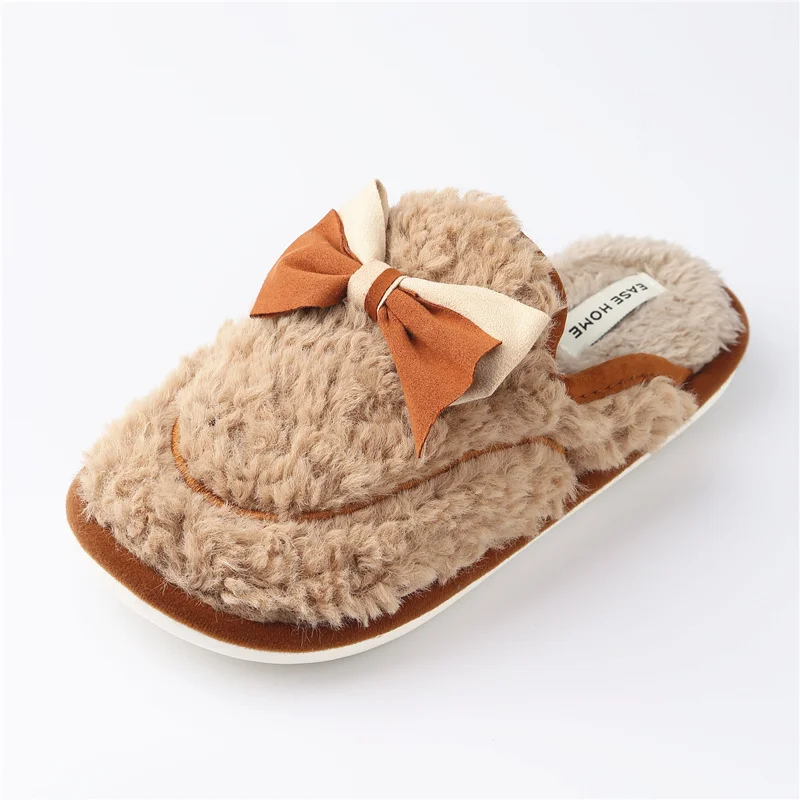 Hot Sale Soft Non-Slip Bow Bedroom Winter Fur Slippers Home House Slippers for Women