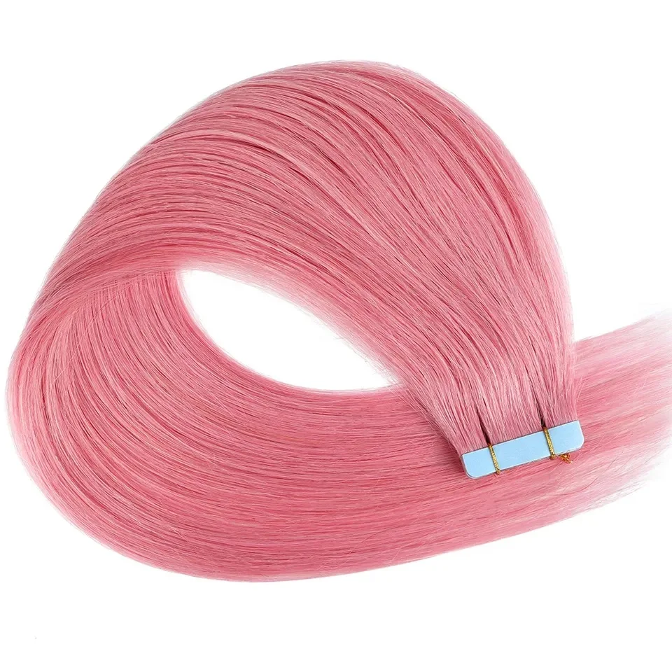 Factory Sale European Double Drawn Virgin Russian Human Hair Tape pink  Remy Tape In Hair Extension