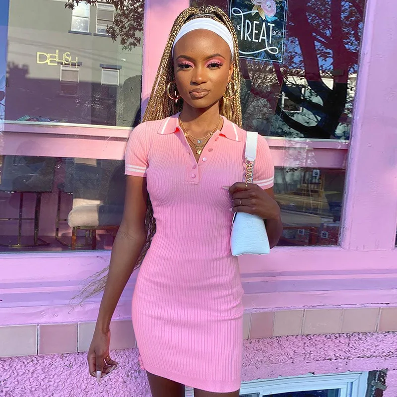 
Fashion 2020 Summer New Style 2 Color Sweet Casual Skinny Spliced Short Sleeve Polo Collar Dress for Women Daily Wear or Office 