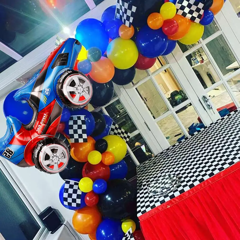 121 Pcs Racing Car Balloons Arch Garland Kit Decorations, Race Car Foil Balloons Checker Flag for Monster Truck Party