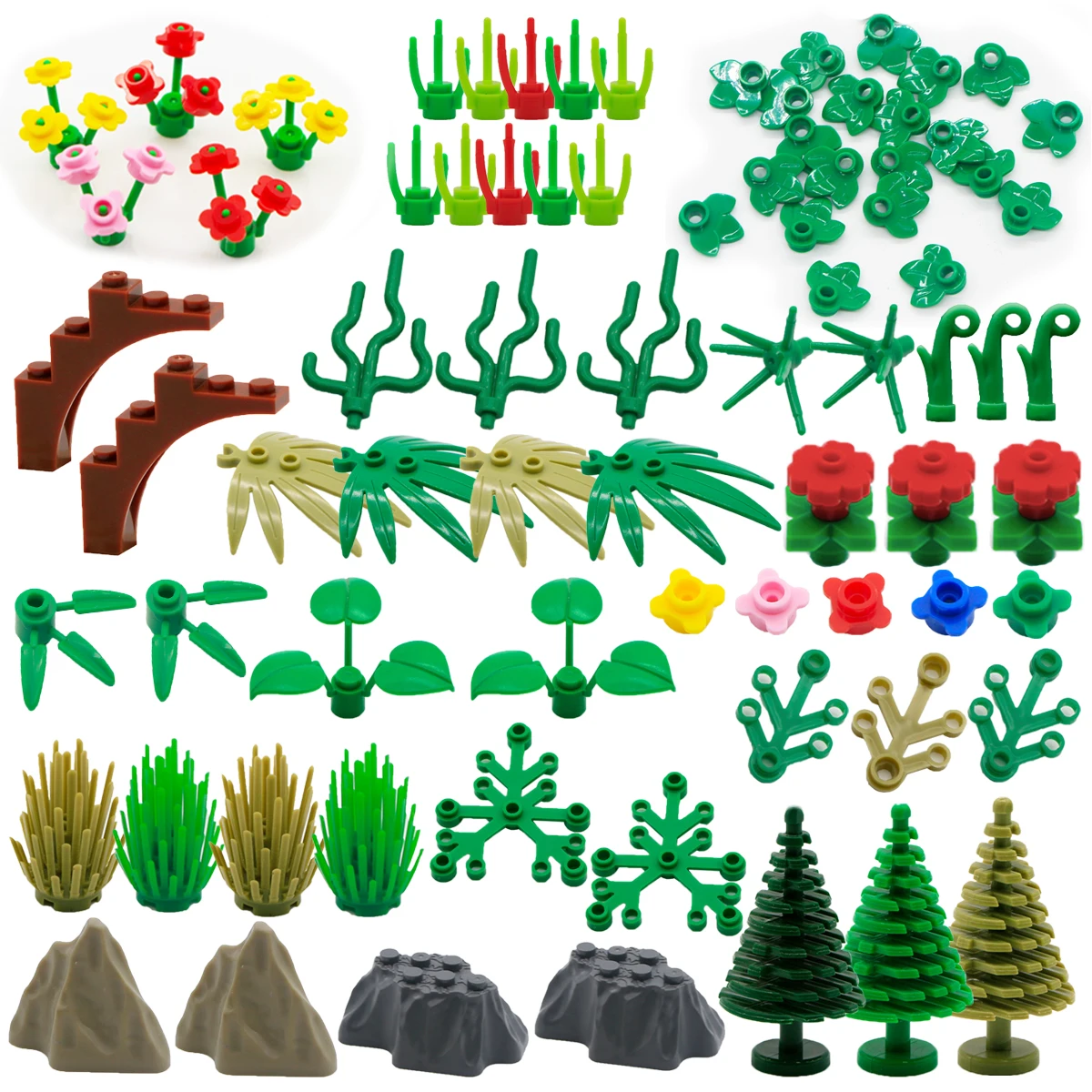 100g Tree Plant Leaves Grass Bush Bamboo Peach Leaf Hiil  Trunk Building Blocks Garden Forest Parts Accessories Toys