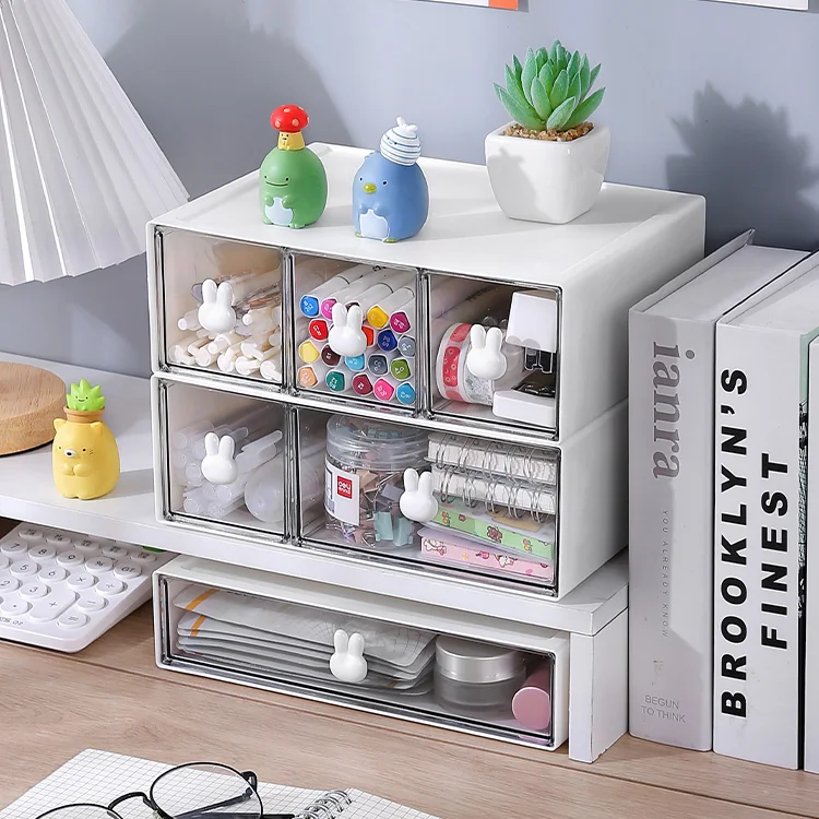 2022 new stationery office supplies transparent drawer white stackable storage box desk organizer