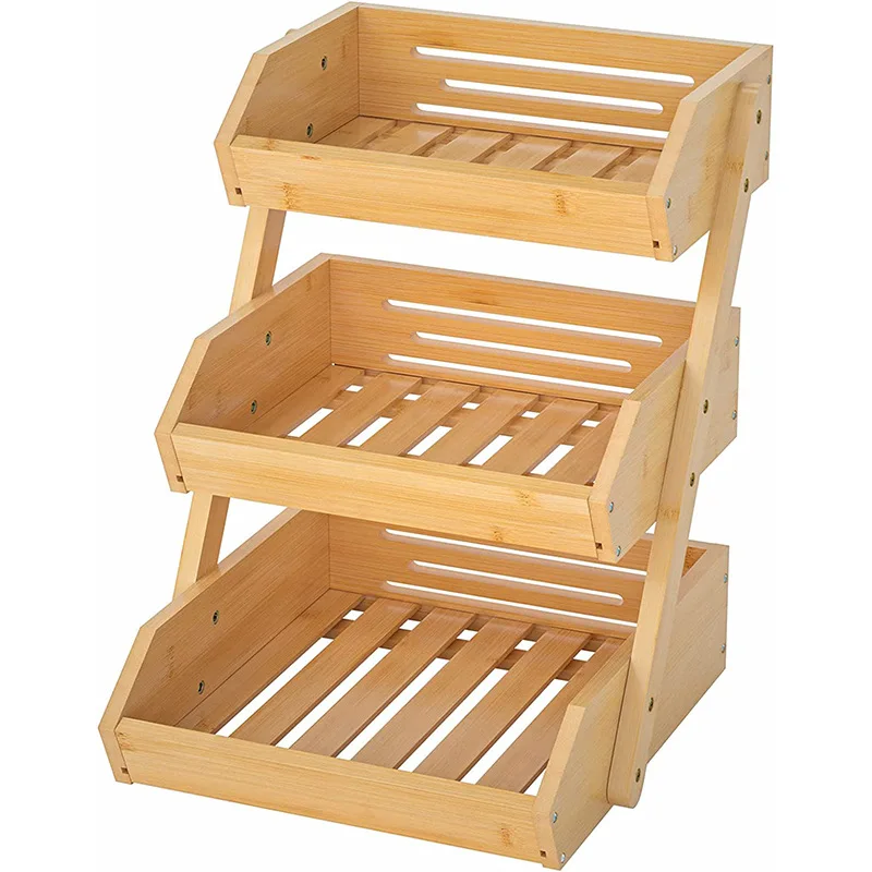 Custom Bamboo 3 Tier Fruit Vegetable Holder Storage Organizer Stand Large Fruit Basket