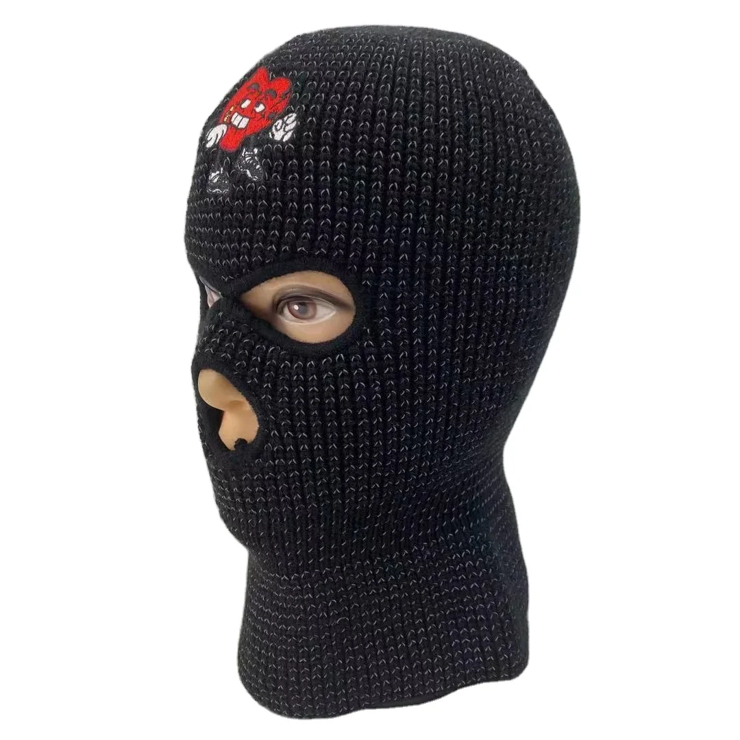 Wholesale Acrylic Knitted Mens Sports Skull Face Cover Mask 3 Three Hole Reflective Ski Embroidery Logo Custom Balaclavas