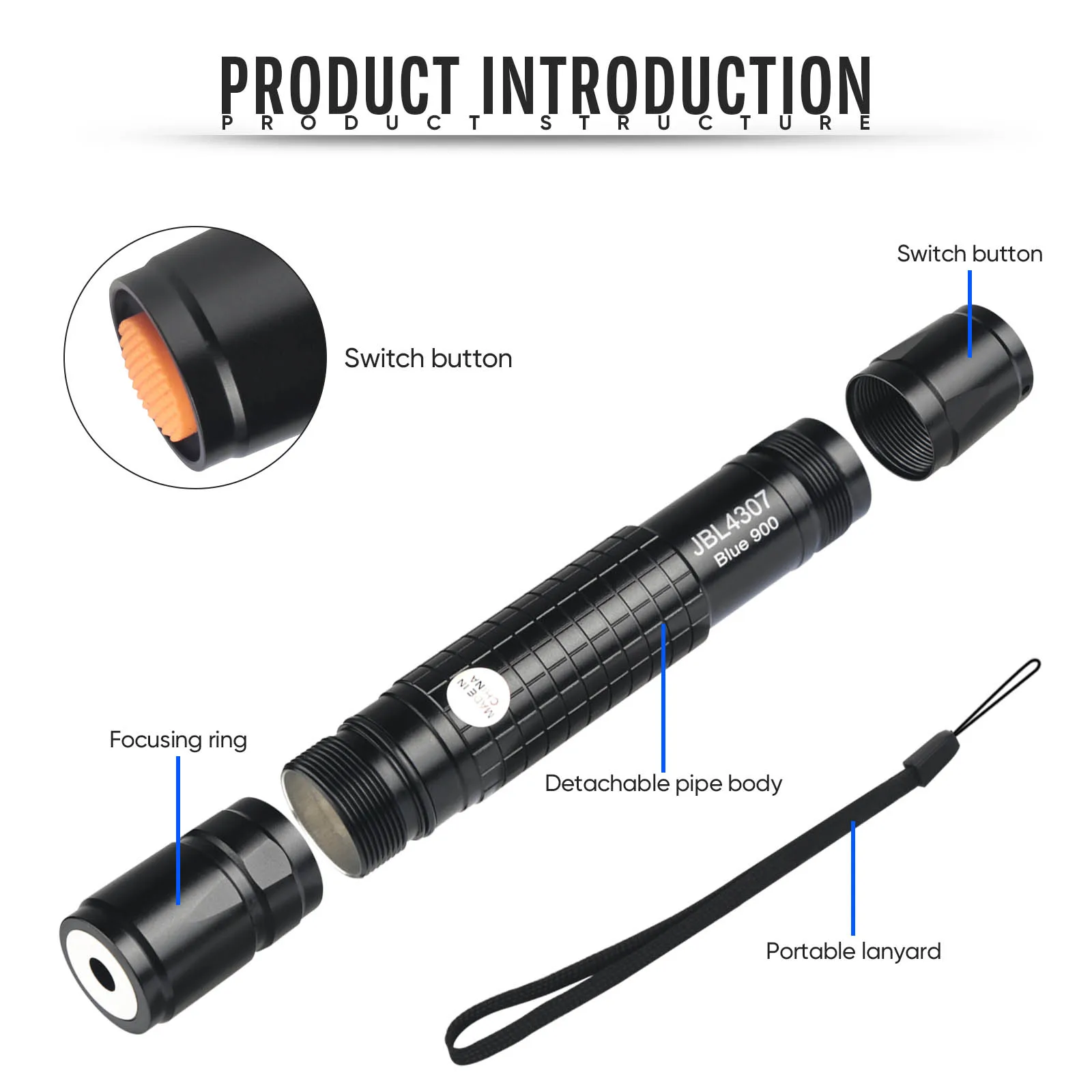 Rechargeable Blue Laser Light  405nm  Laser Pointer High Power Aluminum Case Visible Beam Laser with Battery